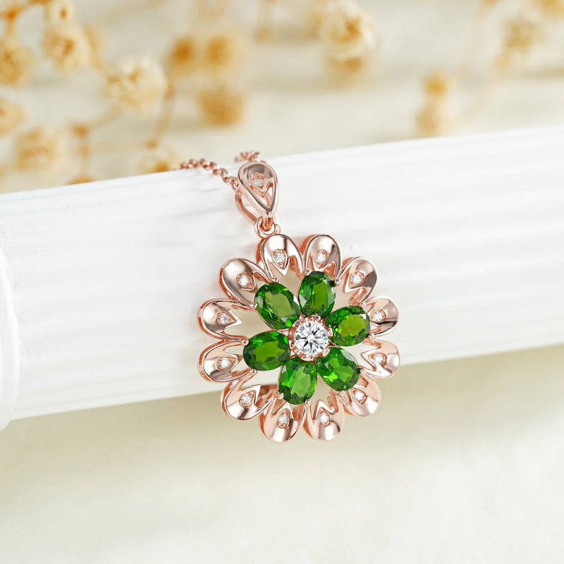 Rose Gold Plated 925 Sterling Silver Flower Pendant Necklace with Diopside Gemstones for Women