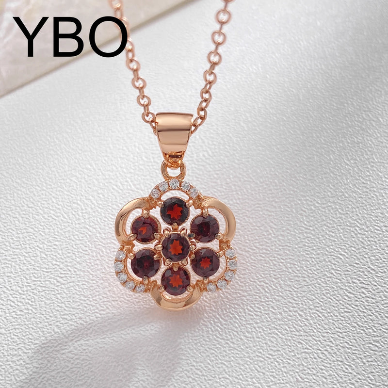 Rose Gold Plated Garnet Geometric Flower Pendant Necklace for Women