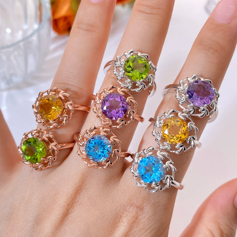 925 Sterling Silver Floral 9MM Gemstone Ring Set for Women