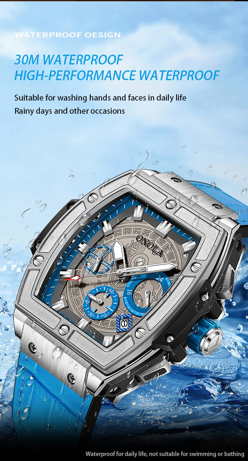 Stainless Steel Luxury Bucket Watch with Leather Band for Men