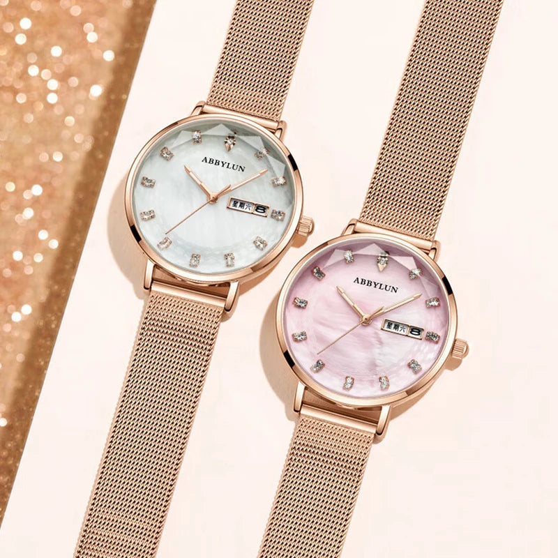 Stainless Steel Quartz Waterproof Luminous Week Calendar Watch for Women