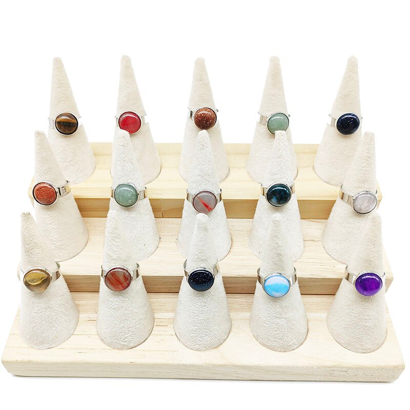 20pcs/Lot Wholesale Mix Style Natural Stone Adjust Finger Rings For Women Hot Agate Round Powder Crystal Blue Clear Jewelry Girl
