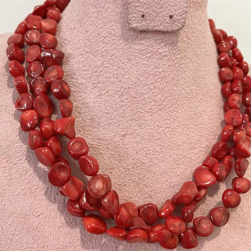 Gold Vermeil Red Coral Necklace with 3 Irregular Layers, Geometric Design for Women