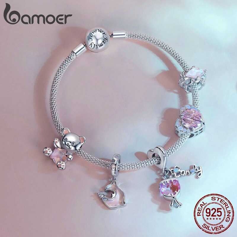 Sterling Silver Pink Star Bear Heart Charms Beads for Women Bracelet & Bangle