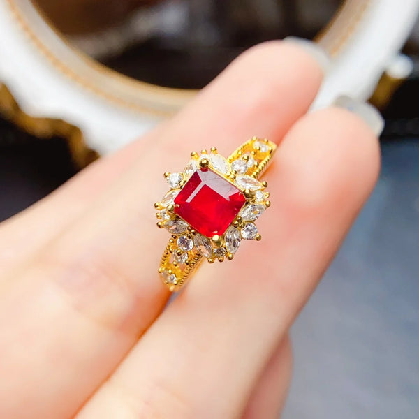 S925 Sterling Silver Zircon Fine Fashion Natural Square Ruby Ring for Women