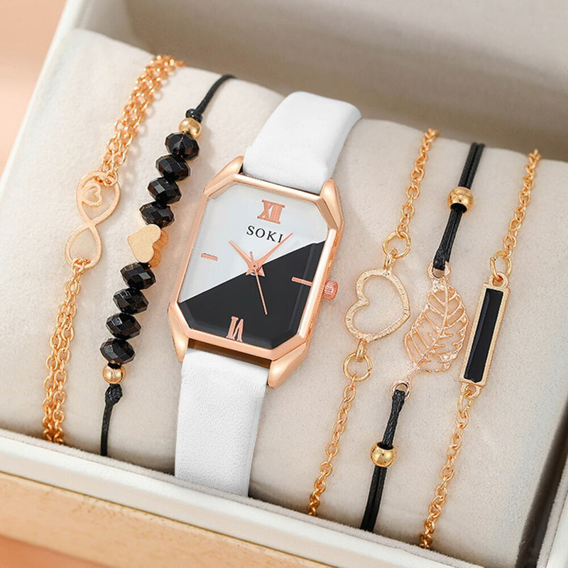 Gold Quartz Watch and Bracelet Set for Women