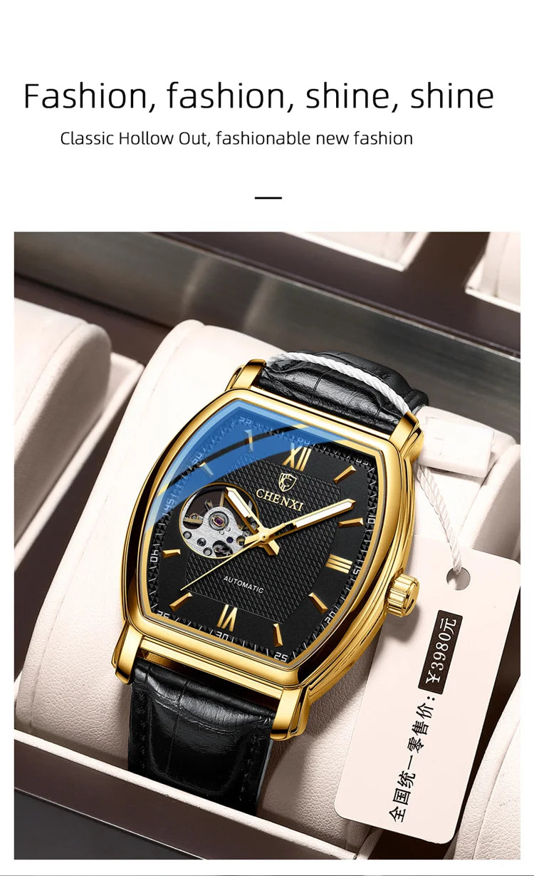 Stainless Steel Fashion Square Hollow Out Mechanical Watch for Men