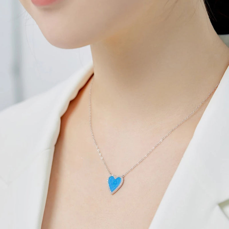 Sterling Silver Blue Opal Heart Necklace for Women