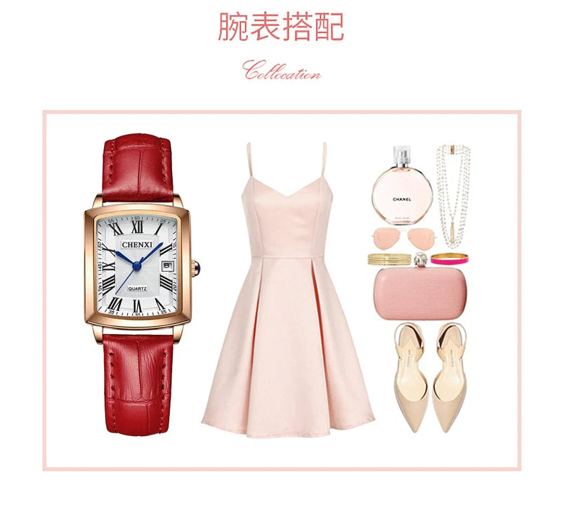 Leather Square Quartz Watch for Women