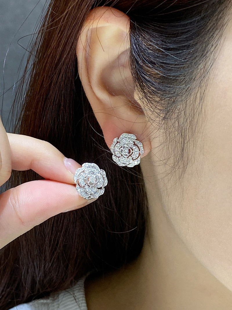 18K White Gold Diamond Stud Earrings, Camellia Flower Shape for Women