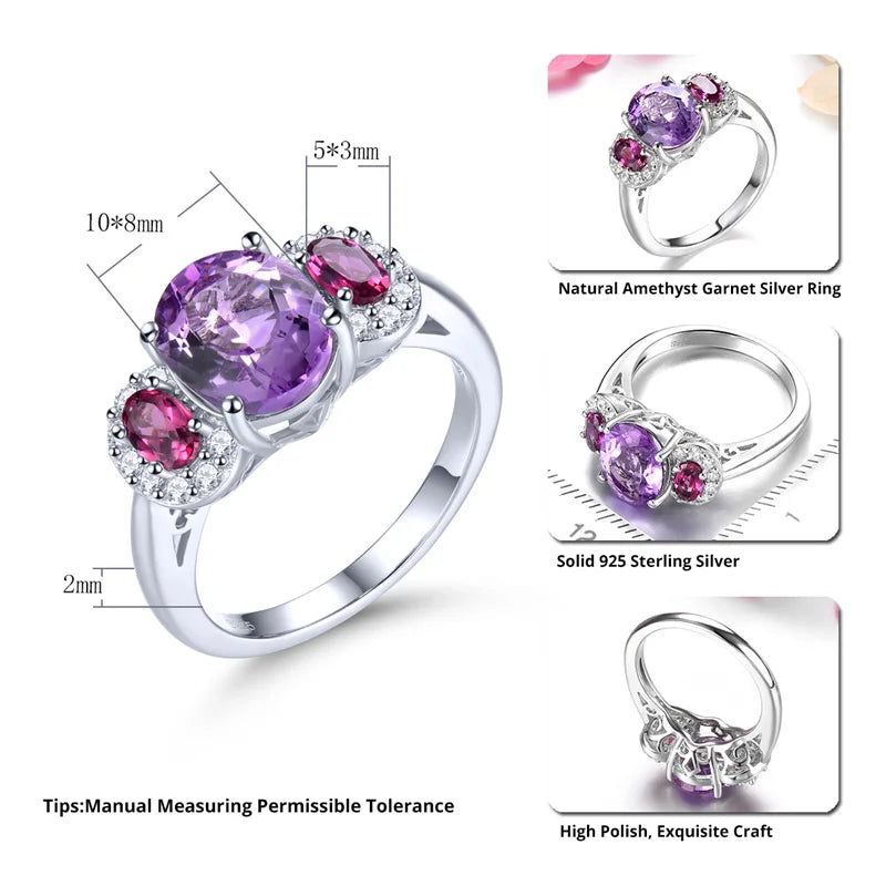 Sterling Silver Amethyst Rhodolite Garnet Rings, 3.20 ctw for Women