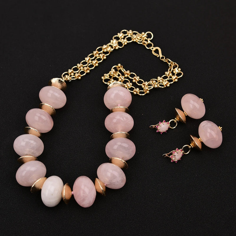 Gold Plated 25'' Natural Rose Quartz Rondelle Beads Necklace & Earrings Set for Lady