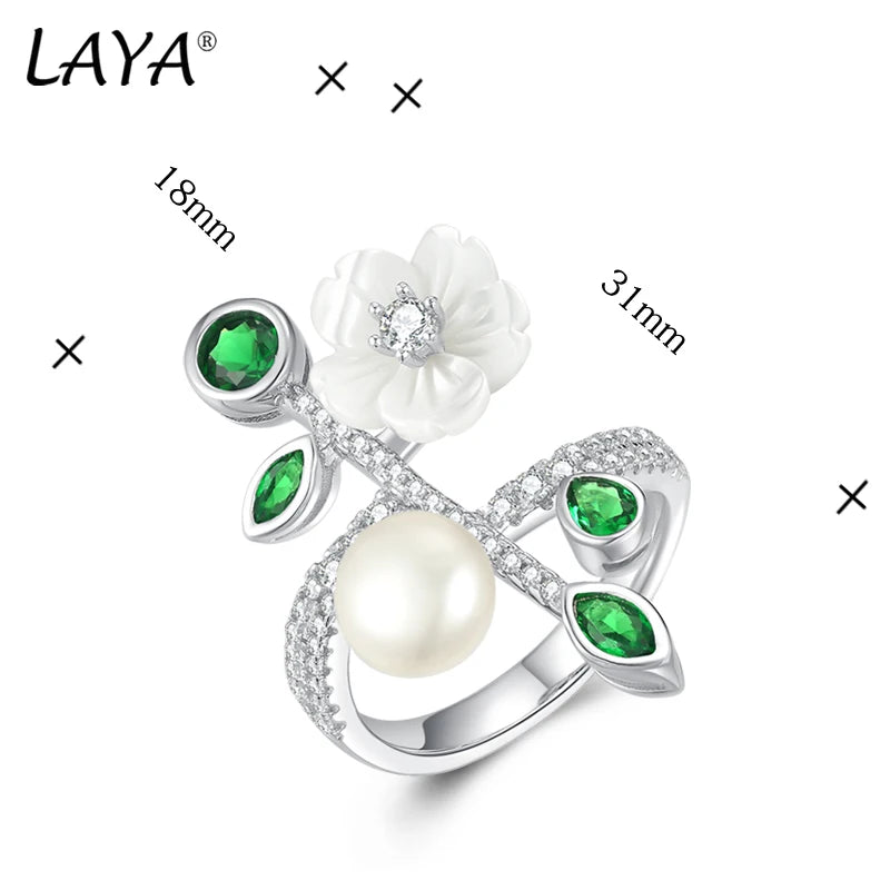 925 Sterling Silver White Shell Flower Ring with Green Zircon & Pearl for Women