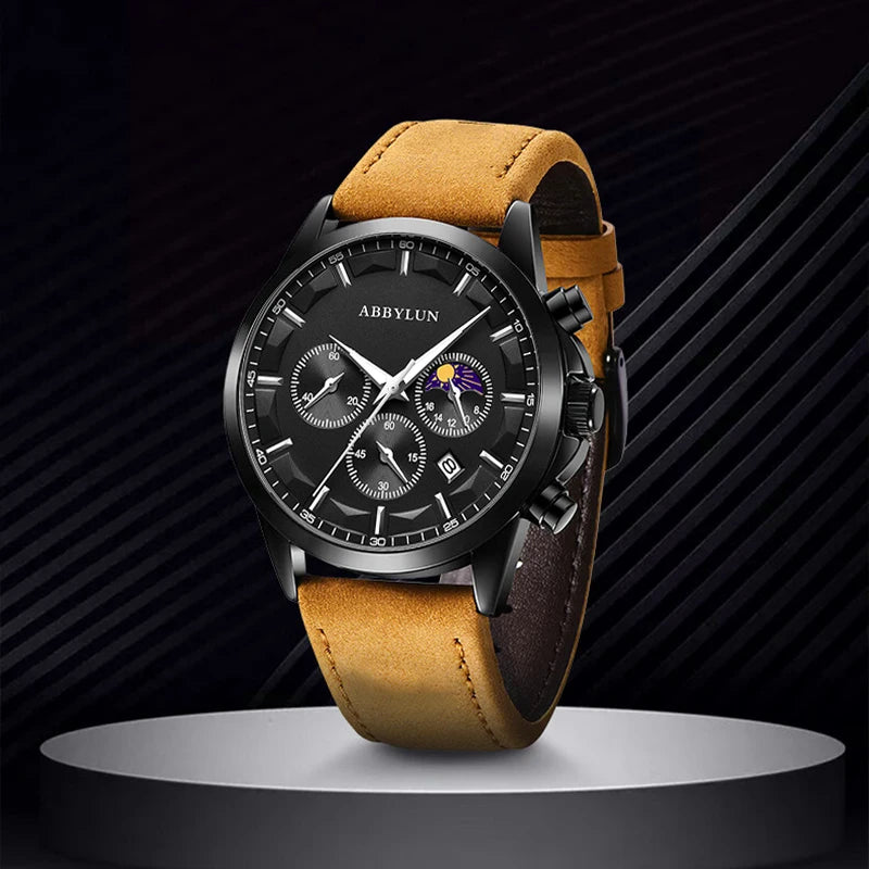 Stainless Steel Leather Luxury Waterproof Date Multifunction Watch for Men