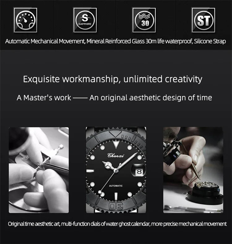 Stainless Steel Silicone Automatic Night Light Watch for Men