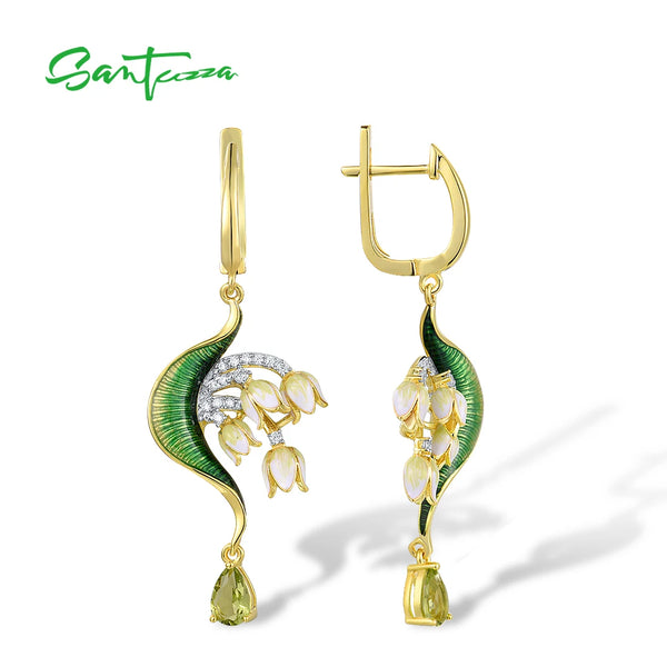 925 Sterling Silver Green Stone & CZ Enamel Flower Drop Earrings for Women