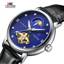 Stainless Steel Leather Tourbillon Moon Phase Chronograph Watch for Men