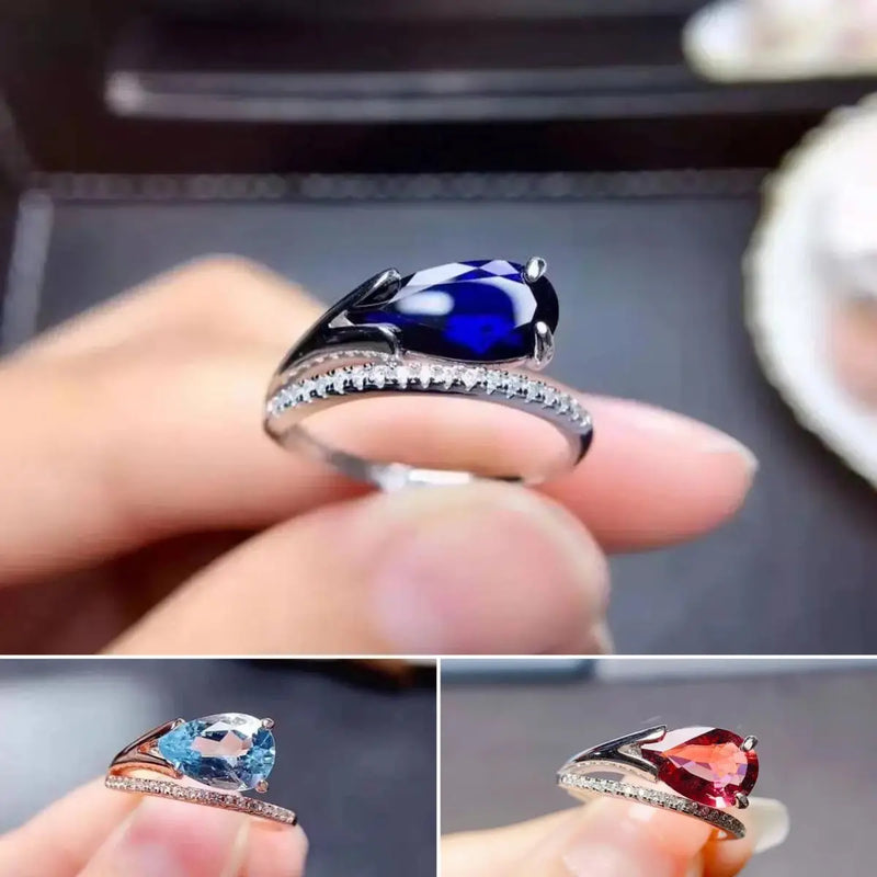 Sterling Silver Sapphire/Topaz/Tourmaline Drop Gemstone Ring for Women