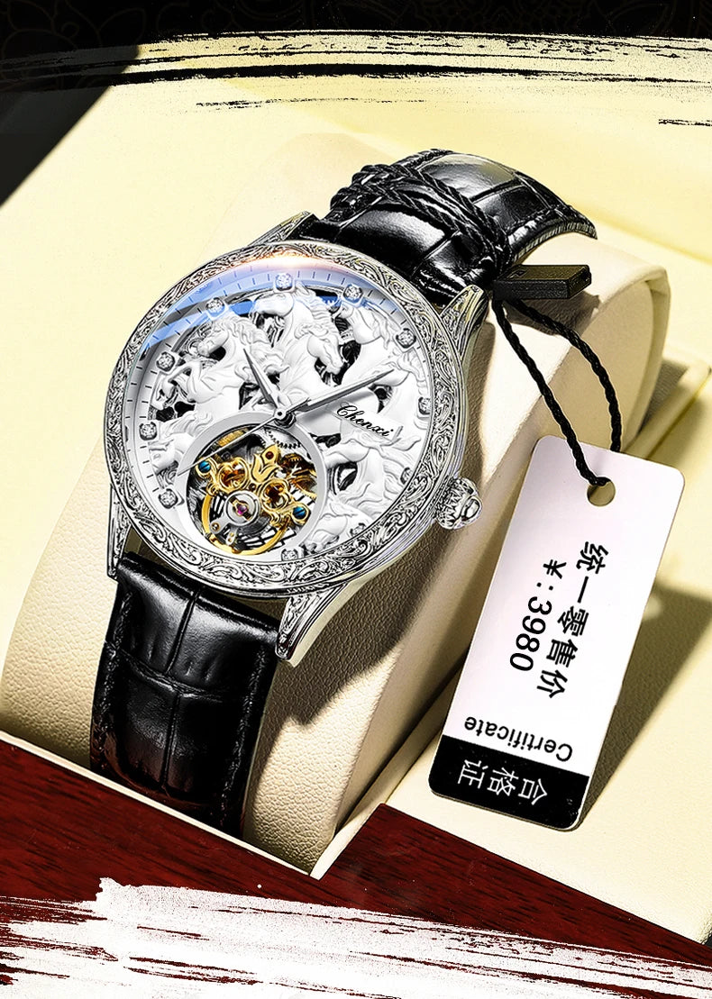 Leather High Grade Fully Automatic Hollow Luminous Waterproof Flywheel Mechanical Watch for Men