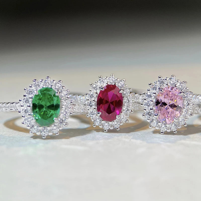 Sterling Silver Oval Cut Ruby & Emerald Birthstone Rings for Women