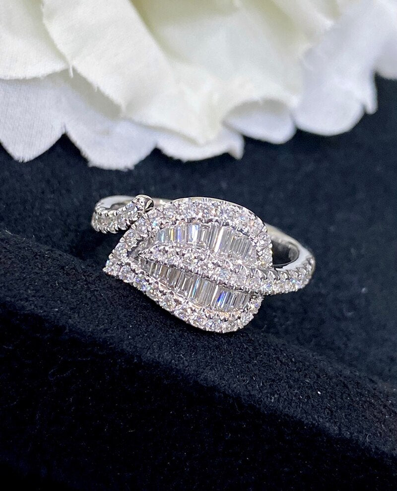 18K White Gold Diamond Leaf Ring for Women