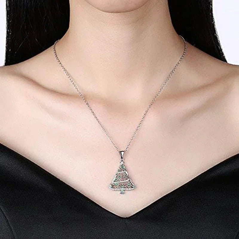 Silver Christmas Tree Design Necklace with Green Cubic Zirconia for Women