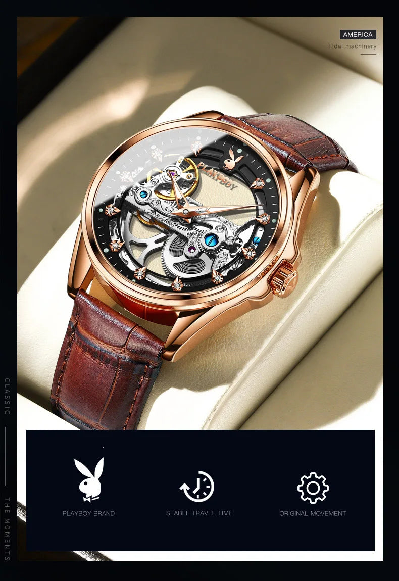 Stainless Steel Hollow Out Automatic Mechanical Watch with Luminous Leather Strap for Men