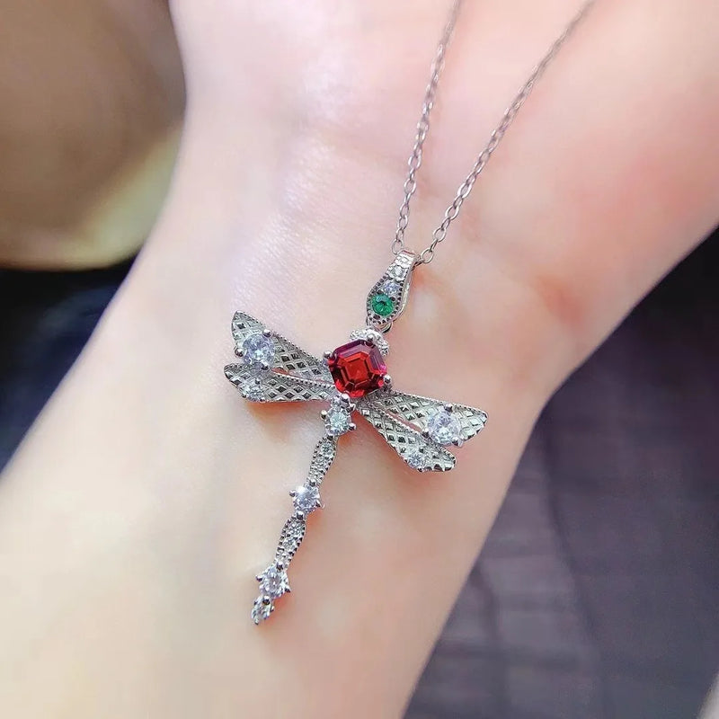 Sterling Silver 5mm Ruby Dragonfly Pendant Necklace for Women