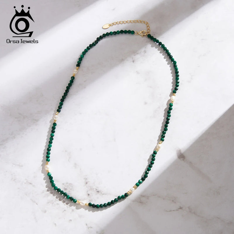 925 Silver Green Malachite & Freshwater Pearls Beaded Collar Necklace for Women