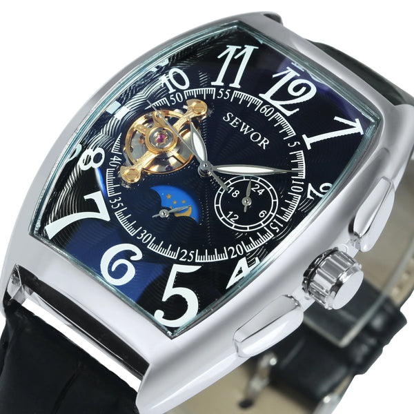 Stainless Steel Genuine Leather Strap Automatic Mechanical Watch with Moon Phase and Tourbillon for Men