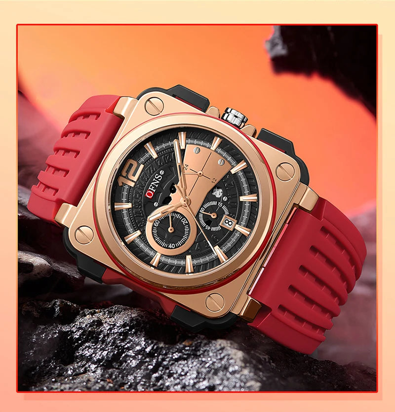 Stainless Steel Quartz Chronograph Watch with Luminous Silicone Strap for Men