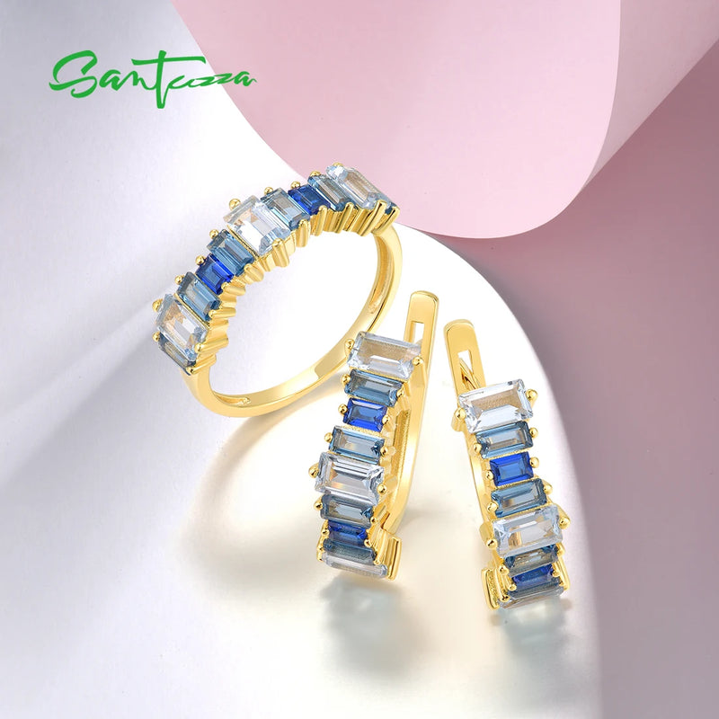 925 Silver Blue Spinel Earrings and Ring Set for Women