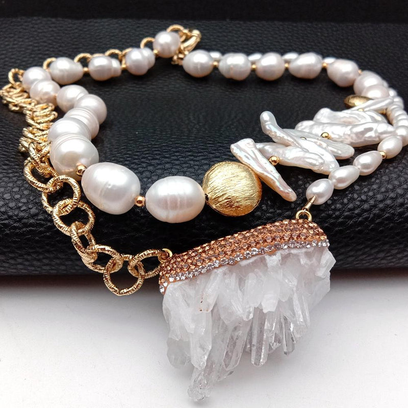 Y.YING Freshwater Cultured White Rice Pearl Biwa Pearl Necklace Natural Quartz Druzy Pendant Gemstone Handmade Jewelry
