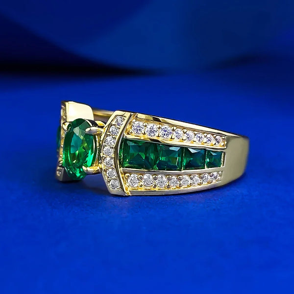 Sterling Silver Oval Emerald & Diamond Ring for Women