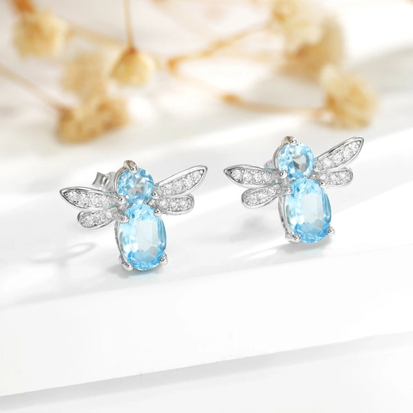 Sterling Silver Bee Stud Earrings with Blue Topaz for Women