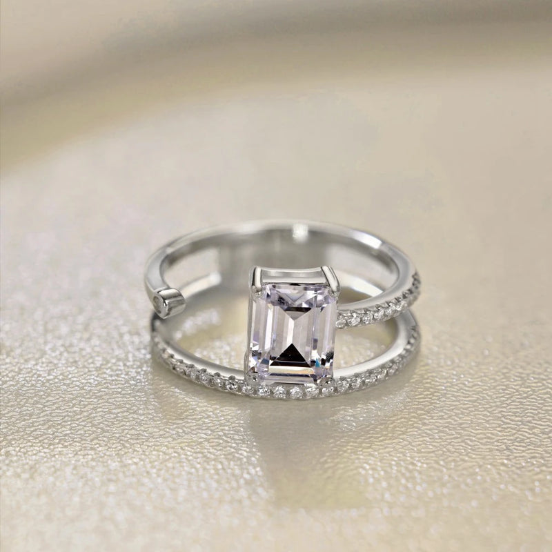 925 Sterling Silver Emerald Cut Lab Sapphire 0.60ctw Diamond Ring for Women