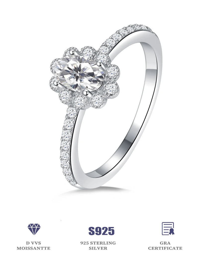 925 Sterling Silver Oval Moissanite Sunflower Ring for Women