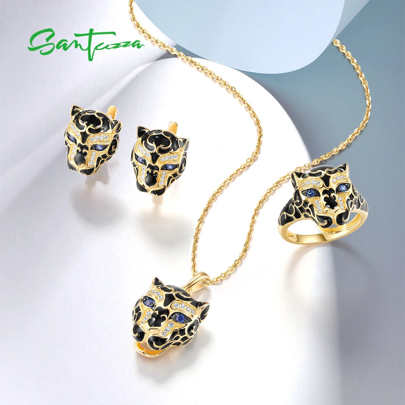 Sterling Silver Black Leopard Enamel Jewelry Set for Women