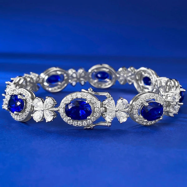 Wong Rain Luxury 925 Sterling Silver 6*8 MM Oval Sapphire High Carbon Diamond Gemstone Bracelets Bangle Fine Jewelry For Women