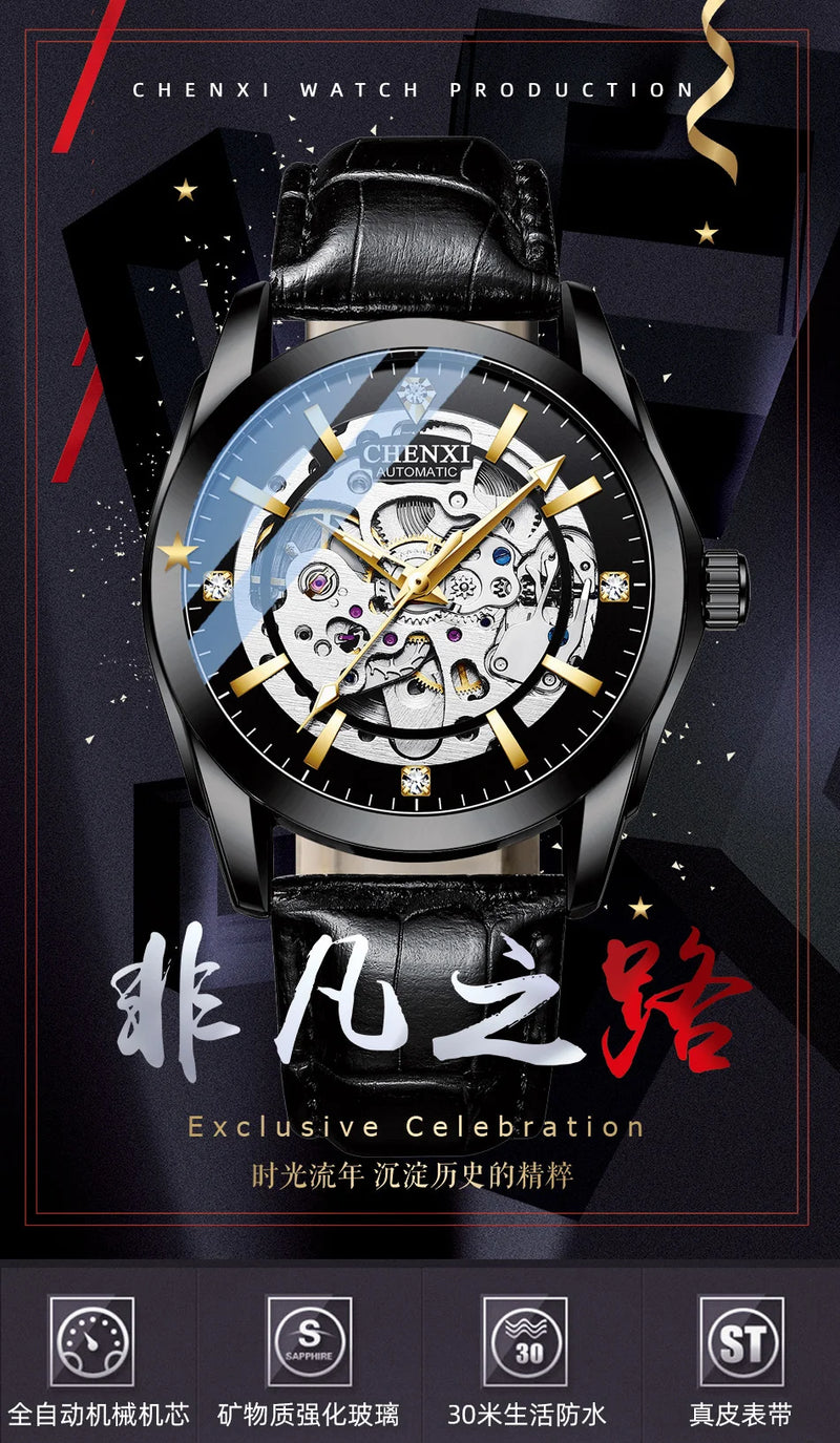 Stainless Steel Leather Strap Automatic Skeleton Luminous Waterproof Watch for Men