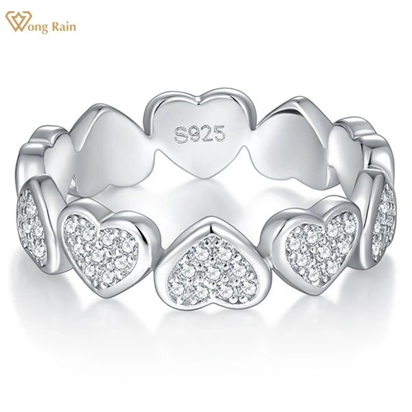 Wong Rain 925 Sterling Silver 3EX VVS D Real Moissanite Full Diamonds Sparkling Heart Ring for Women Wedding Jewelry Band