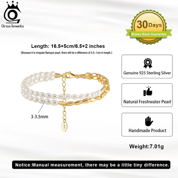 14K Gold & Sterling Silver Layered Pearl Bracelet, 3mm Pearl Beads for Women