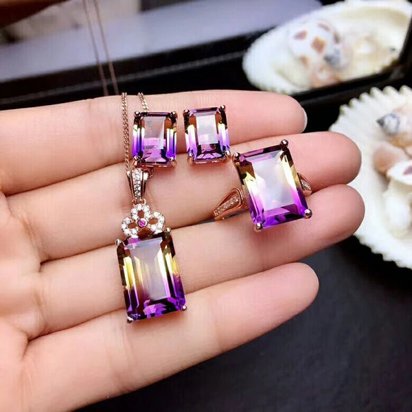 925 Sterling Silver Ametrine Necklace, Earrings & Ring Set for Women