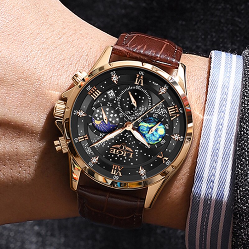 Stainless Steel Leather Waterproof Luminous Watch for Men