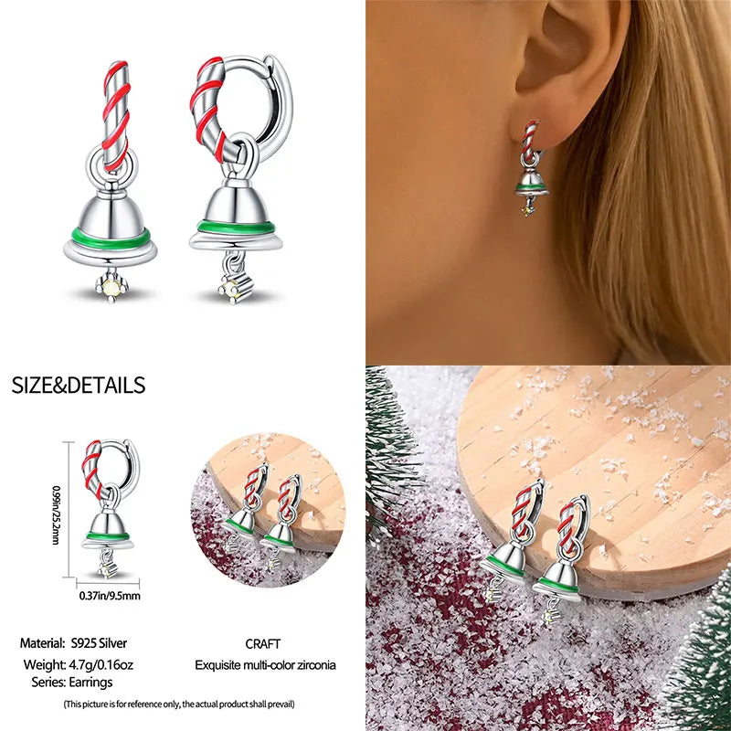 925 Silver Christmas Tree Bell Garland Earrings for Women