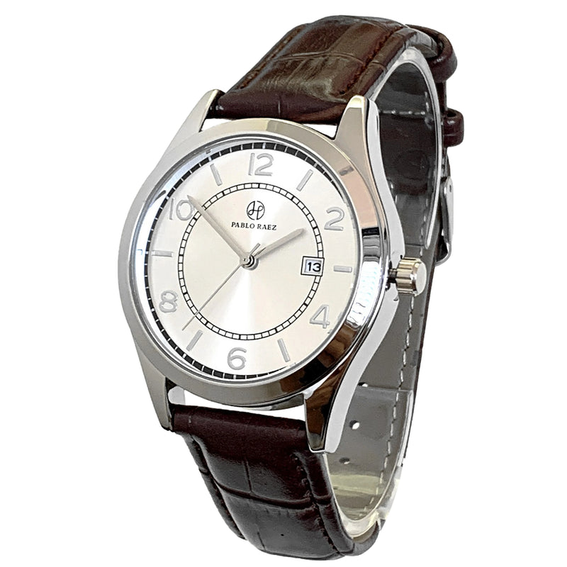 Luxury Silver Steel Men's Waterproof Wristwatch with Auto Date and Leather Strap