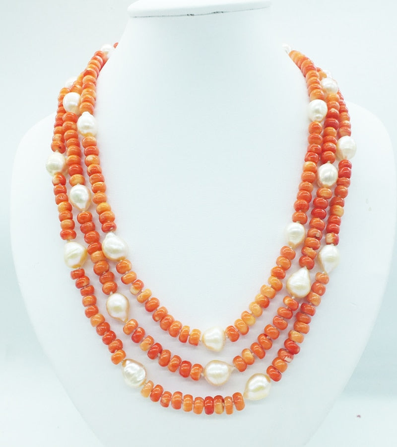 Sterling Silver Natural Orange Coral and Pearl Necklace, 18-22 Inches for Women