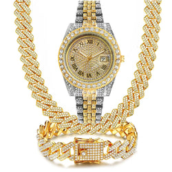 Gold Silver Diamond Iced Out Cuban Chain Watch and Jewelry Set for Men