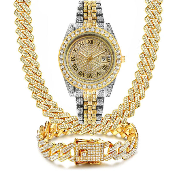 Gold Silver Diamond Iced Out Cuban Chain Watch and Jewelry Set for Men