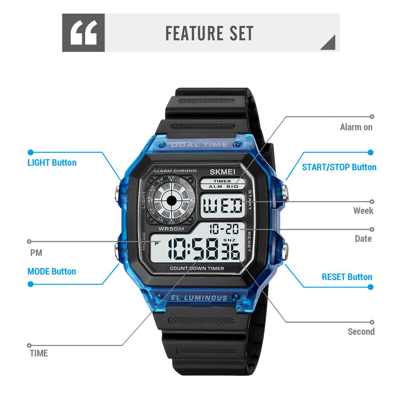 Stainless Steel Digital Sport Watch with Countdown Timer for Men